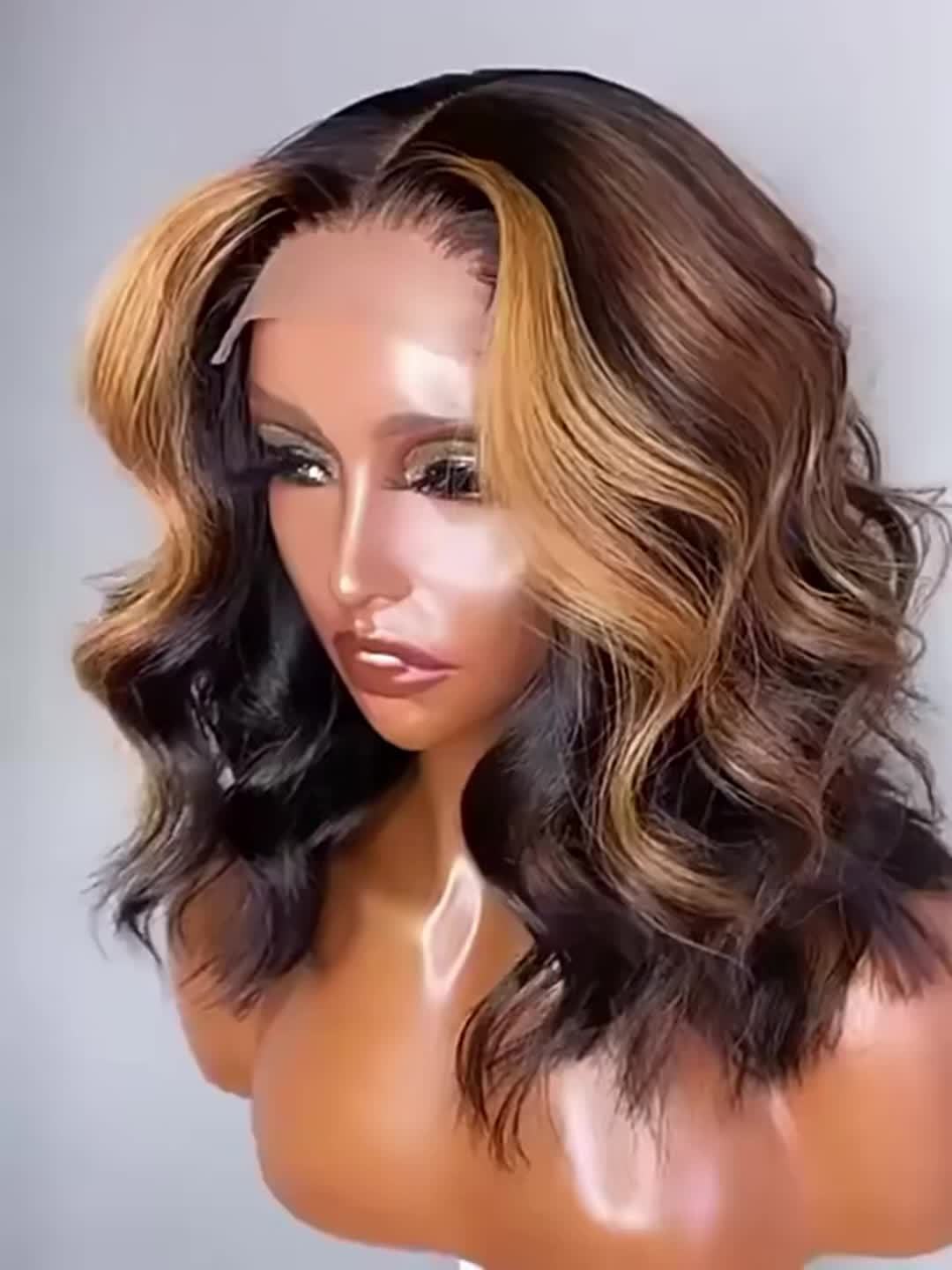 Honey Blonde Ombre Body Wave Lace Front Wig - 13x4 HD Human Hair Bob Wig For Women, Pre-Plucked Brazilian Human Hair With Baby Hair, Highlighted Gradient Color Transition, Loose Waves Hair Wig Perfect For Beginners